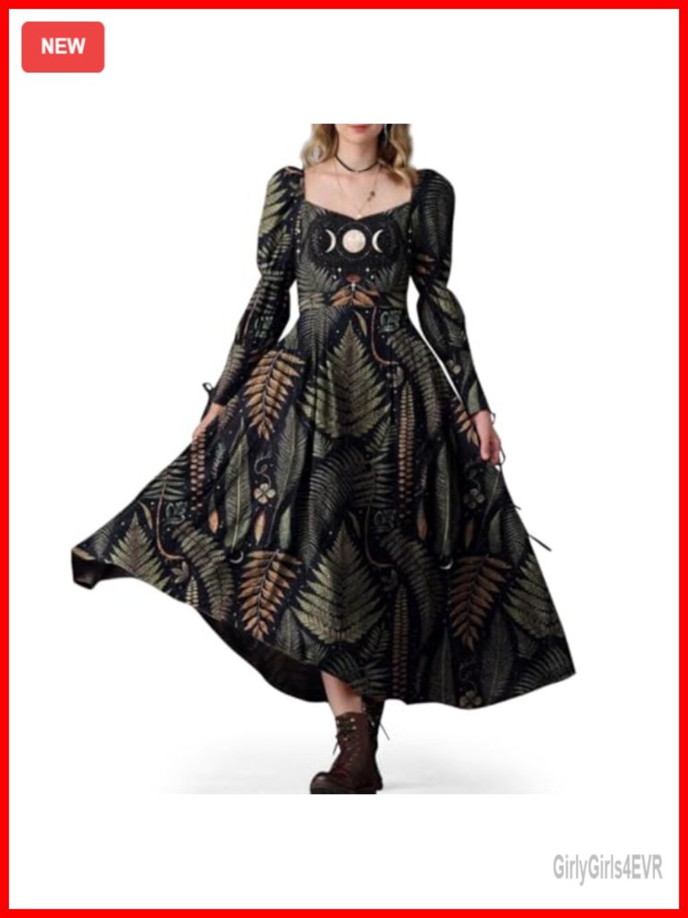 Womens Gothic Maxi Dress Long Sleeve Boho Flowy Fern Moon Print Backless